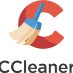 The image typically features the software's name, "CCleaner," in Red, uppercase letters with white background.To the left of the text, there is usually a distinctive icon that represents the software. This icon is composed of a Red, stylized letter "C" enclosed within a white background square. The "C" in the icon stands for "Cleaner," emphasizing the software's cleaning function.