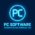 A futuristic neon blue circular logo displaying the letters ‘PC’ in the center, with the text ‘PC Software’ and ‘Information and Download Hub’ below it on a dark blue background, representing the website ‘PC Software Information and Download Hub